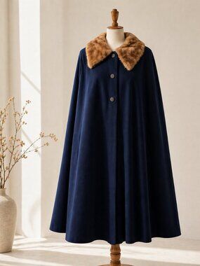 Vintage 1950s Navy Wool Opera Cloak Fur Collar Satin Lined Cape Coat